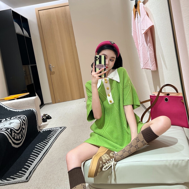 [pan] design polo collar button contrast loose dress 00509# PCZ