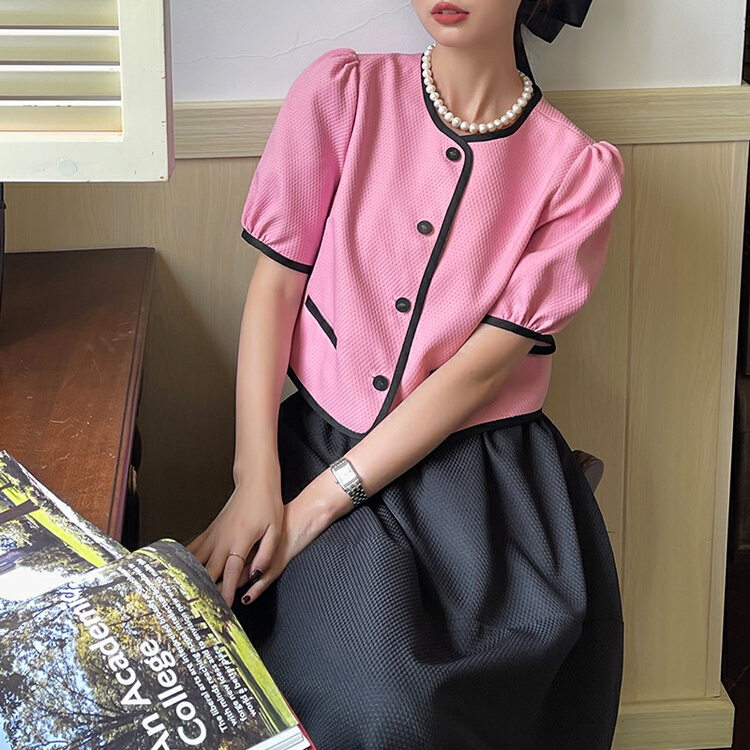 [Hanna including that] small fragrance style V-neck contrast color binding, thin and loose shirt x891# XJ