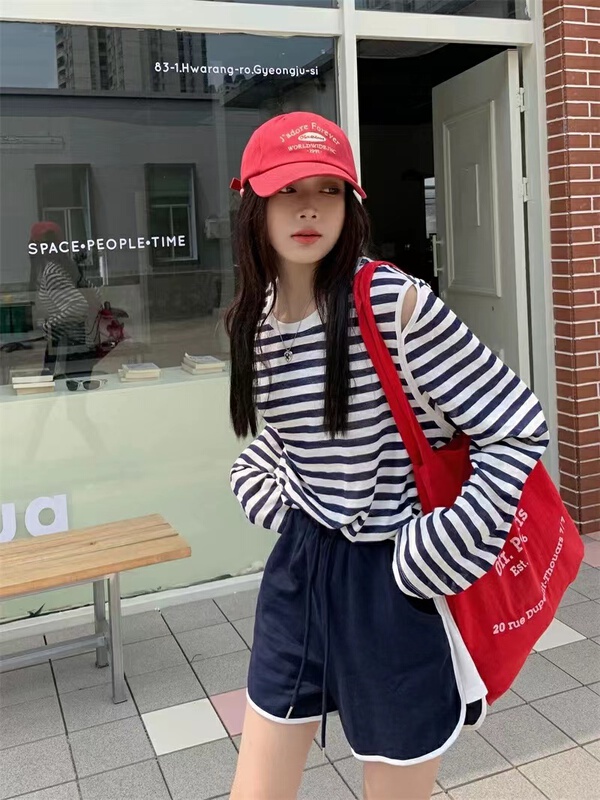 goods in stock! [Duomi] stripe fashion long sleeve T-shirt + loose elastic waist casual pants set 7023# zxl