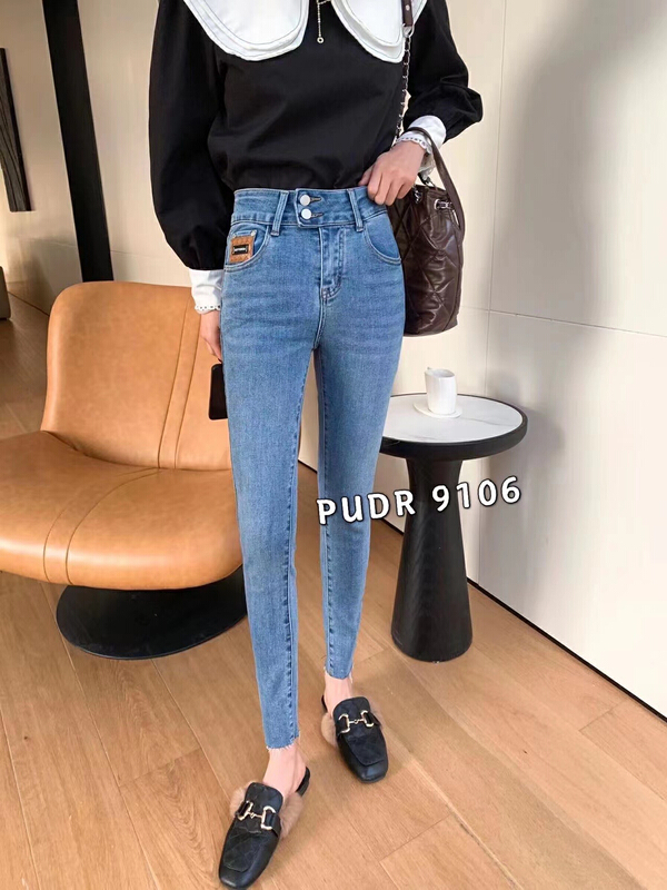 [pudr] fashion Korean version high waist double button Lingge leather small shirt jeans 9106# XJ