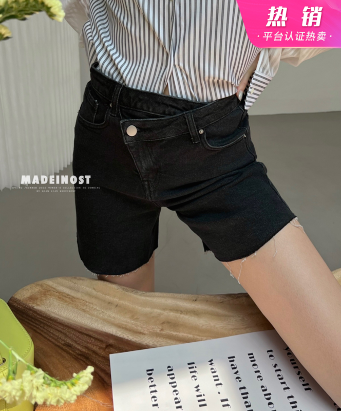 New in early summer! [OSHA madeinost] design sense beveled waist head thin denim shorts 86269# ll
