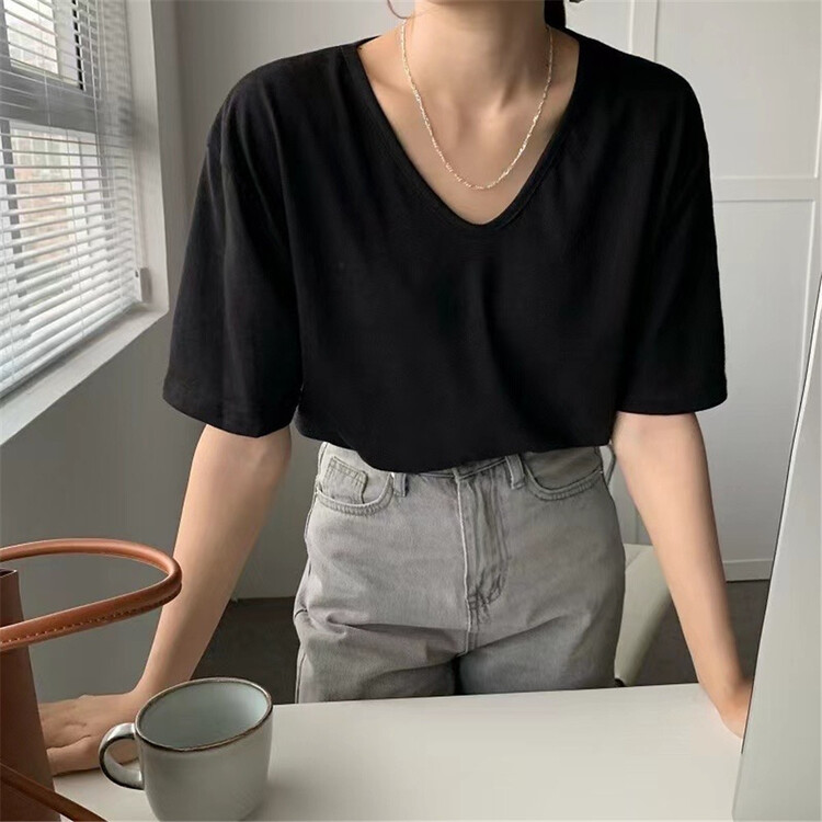 【HU.】 Solid versatile V-neck short sleeve T-shirt 9001# cqw