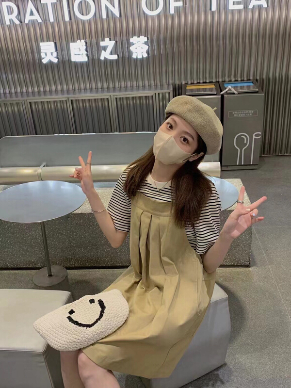 [only love] STRIPED FASHION short sleeve T-shirt + simple Harajuku style strap skirt set 501# zxl