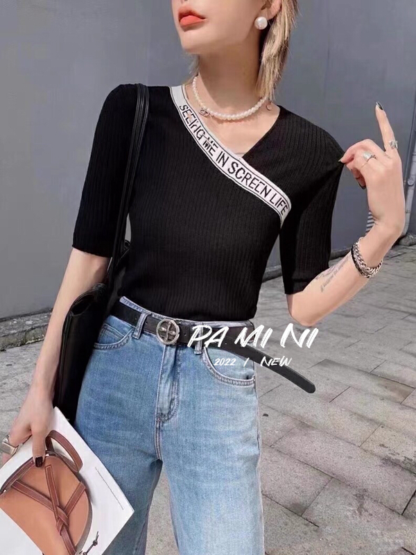 [pamini] European letter splicing V-neck ice silk short sleeve sweater 9602# HJC