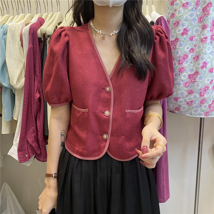 初夏上新!【ZE】小香風撞色邊泡泡袖小衫  8522#  LL