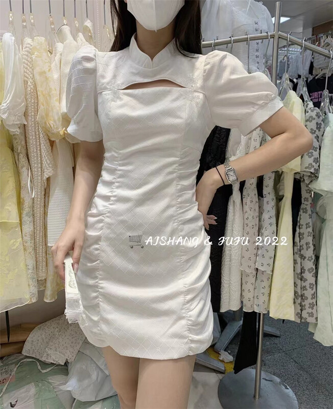 [AI Shang] temperament National Style Bubble Sleeve Dress 89150# hjy