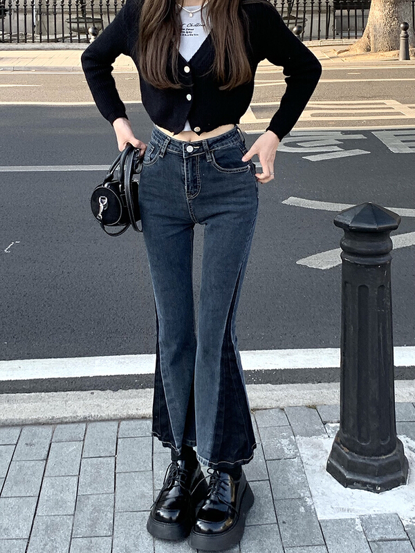 [timely rain] Han Feng ins water wash slim fit high waist micro horn jeans 49220# YYW