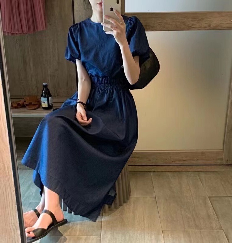 goods in stock! New year in early spring! [f.three] French style bubble sleeve short sleeve blouse + high waist mid length skirt set 95110# XJ