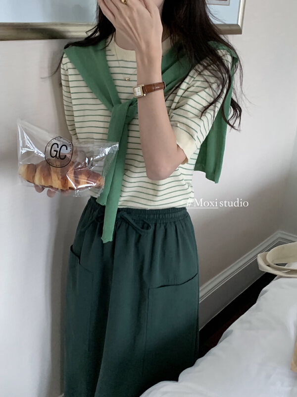 [Moxi] Korean simple striped slim short sleeved sweater (with shawl) 58102# XJ