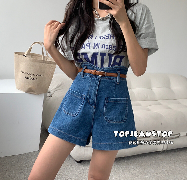 [top] high waist, slim and versatile denim shorts (with belt) 7635# XJ
