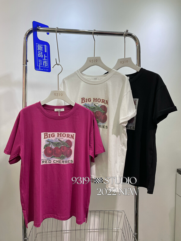 [9319] Cherry spray picture, split hem short sleeve T-shirt 309# L