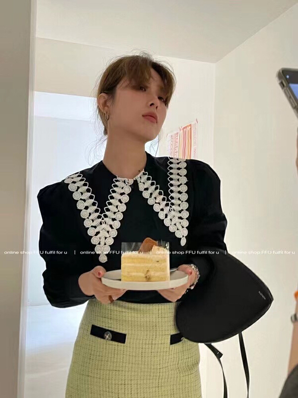 [K2 design] ins Style Lace large lapel bubble sleeve shirt s28# WTT