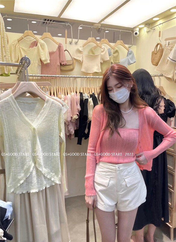 [GS. Good star] Korean version of little women's V-neck simple slim fitting long sleeved knitted cardigan + sexy suit 22647# hjy