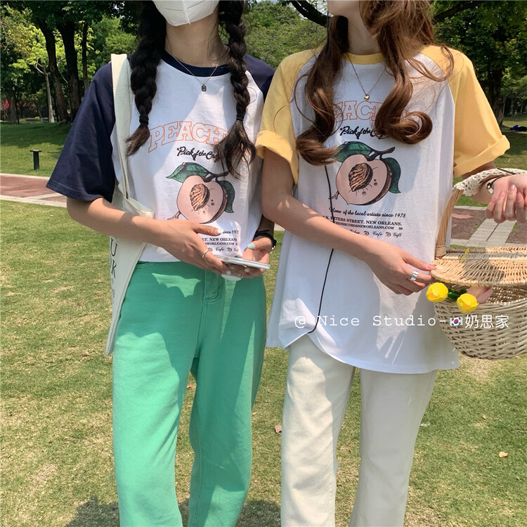 [nice studio] peach print loose short sleeve T-shirt 9983# zxl
