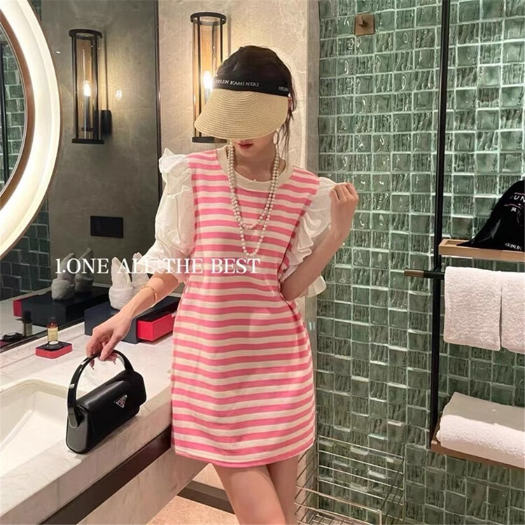 New in early summer! [Nik] striped pleated lace dress 9556# lwy