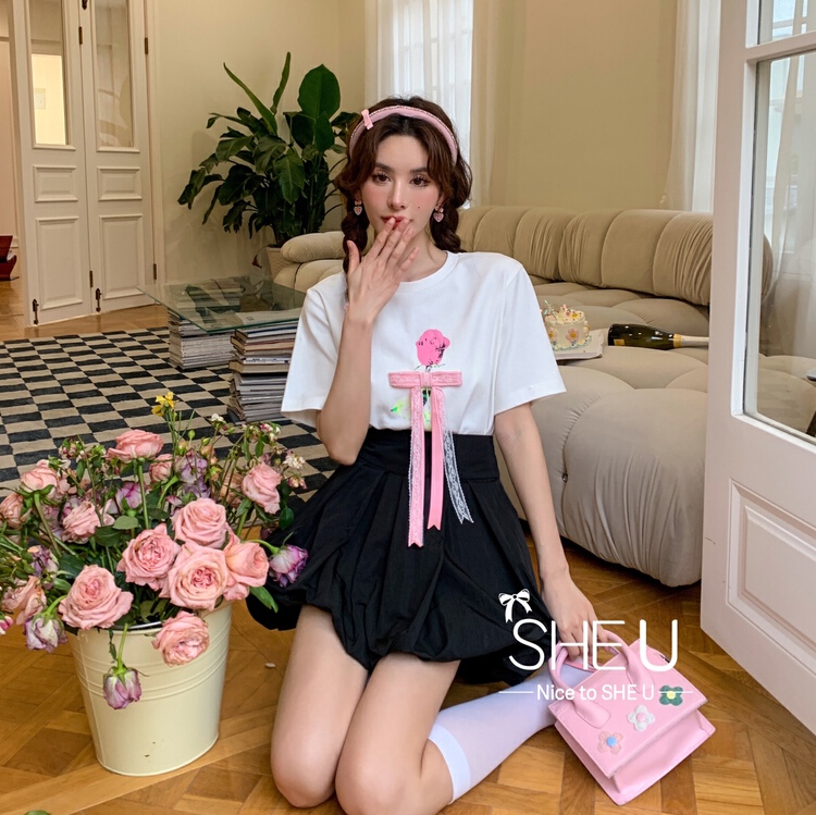 "SHE U" niche stereo bow rose short sleeve T-shirt C50206# CQW