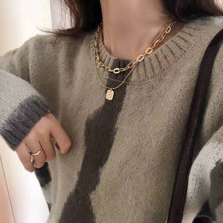 [inside] fashion retro ins style niche design double layer overlapping clavicle short necklace (copper) a-9# ZY
