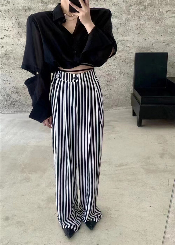 [top] drawstring single breasted shirt at hem + striped casual pants set 7020-2# zjy