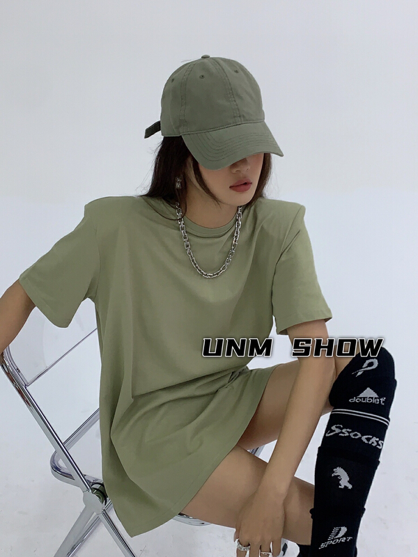 [unm-show] shoulder pad Korean clean round neck short sleeve T-shirt 6030# WTT