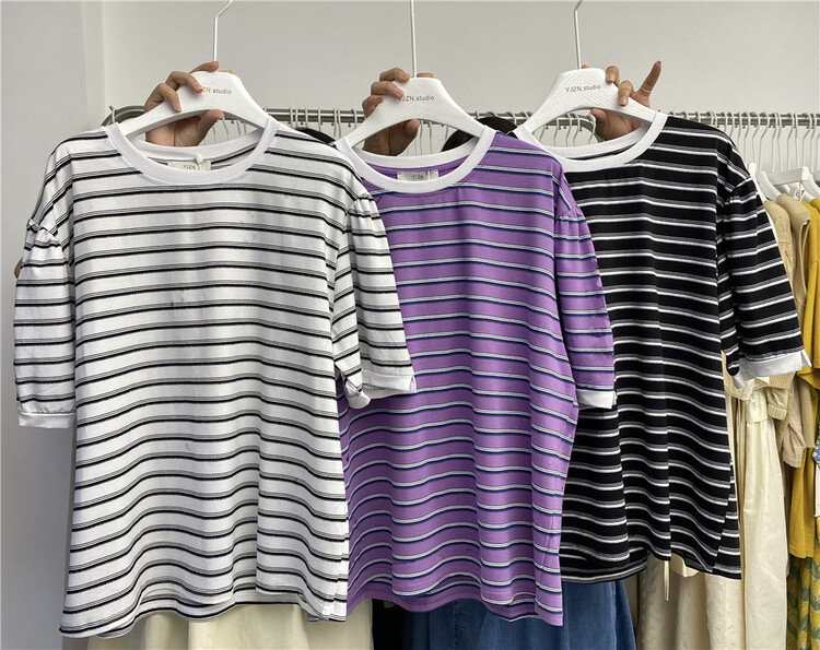 [within one circle] round neck stripe Korean fashion short sleeve T-shirt 8782# LSW