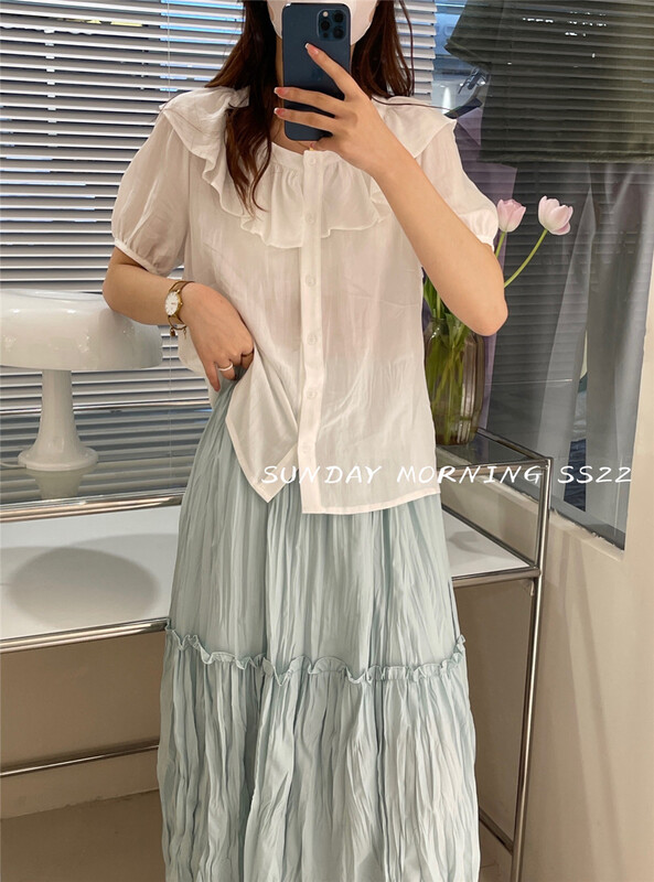 [Sunday morning] Korean version solid color Ruffle round neck button up blouse 9043# ZSY