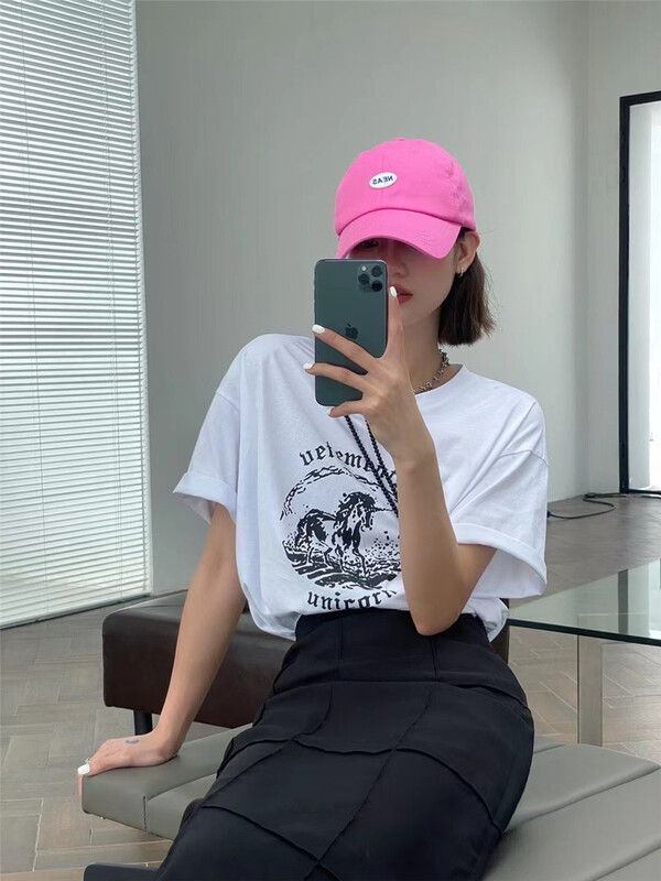 [black + white] Korean loose horse print short sleeve T-shirt 2s02877u# lwy