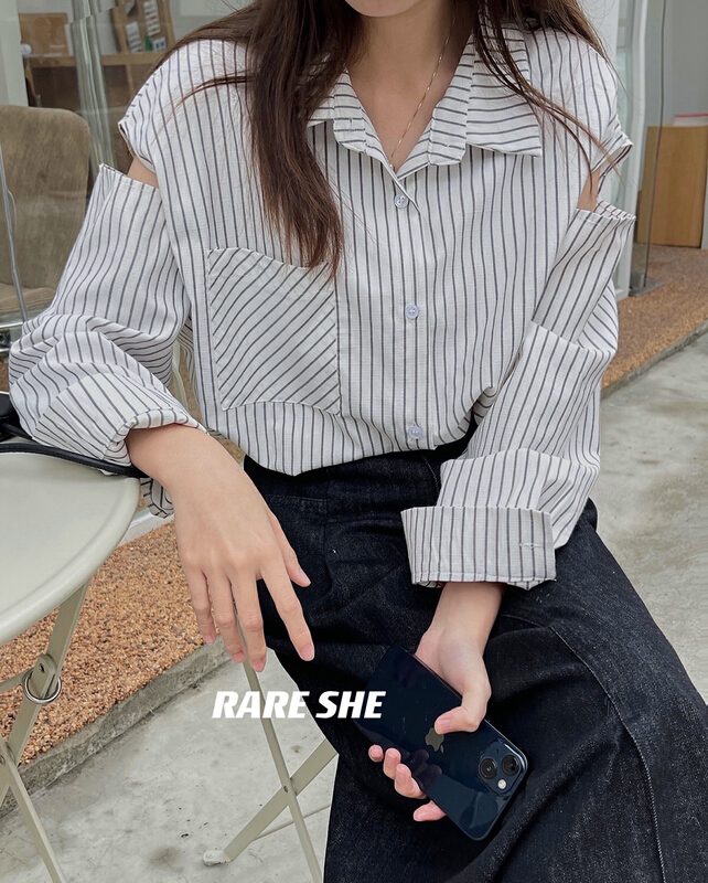 goods in stock! New year in early spring! [rare she] Korean off shoulder vertical stripe shirt 5053# LSW