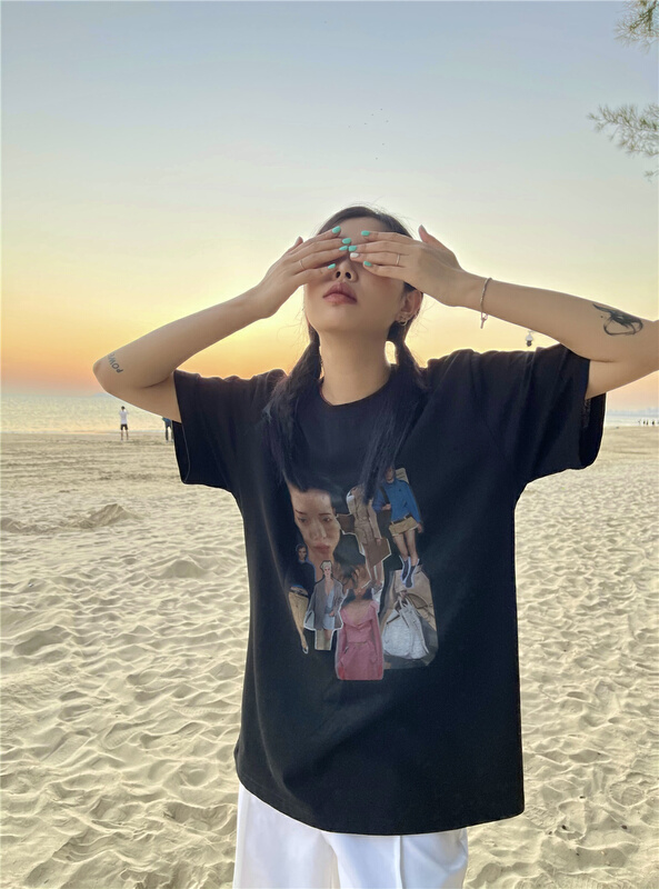 Original price 77.83! New year in early spring! [ecru] Figure print loose short sleeve T-shirt 13391# zxl