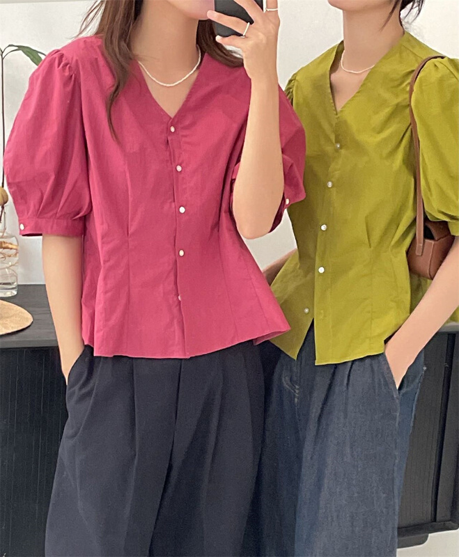 [clean space] Korean style V-neck bubble sleeve blouse 31272# CLS