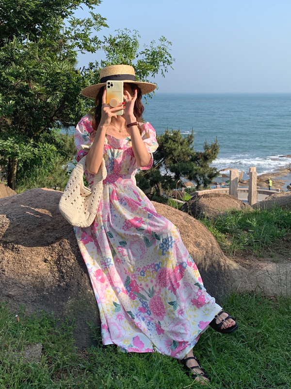 現貨!初夏上新!【及時雨】韓風ins設計感玫瑰花粉嫩仙女氣質泡泡袖甜美連衣裙  99905#  WPL
