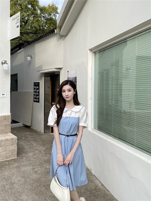 [so woo] fashion temperament doll collar waist contrast medium length dress (with belt) 62660# WPL