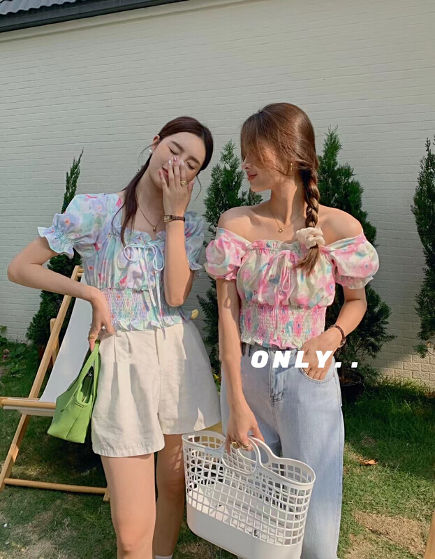 [only] square neck design color mixed dyeing and printing short shirt 1867# JJ