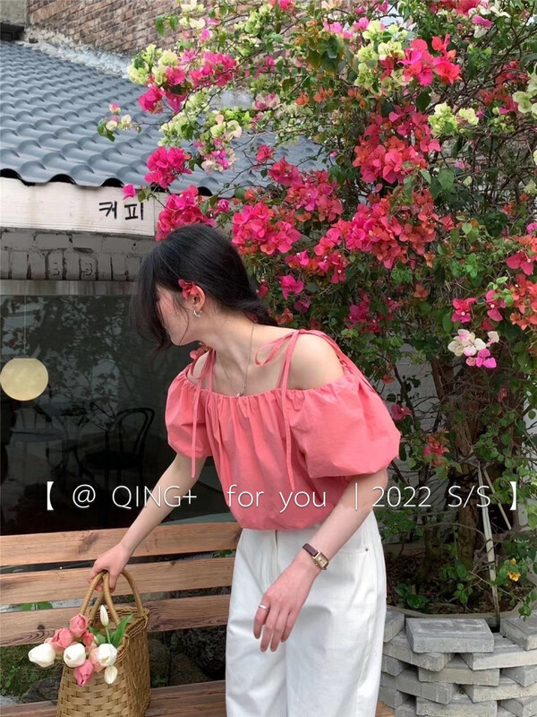 [qingqingjia] simple and versatile solid color off shoulder shirt 2062# XYY