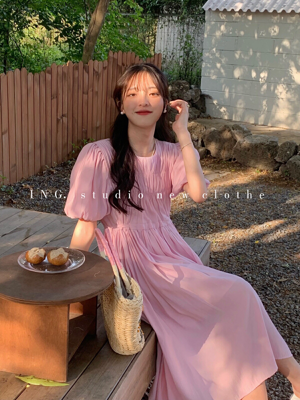 New in early summer! [ing] gentle and simple fold waist closing bubble sleeve solid dress 7711# HBx