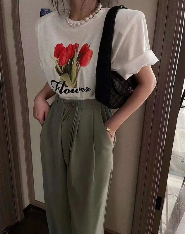 New in early summer! [Yan Zhen] tulip print versatile short sleeve T-shirt 98098# PCZ