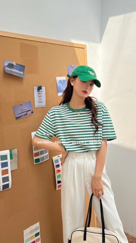 New in early summer! [seven 7] Korean Pullover stripe short sleeve T-shirt 8151# WTT