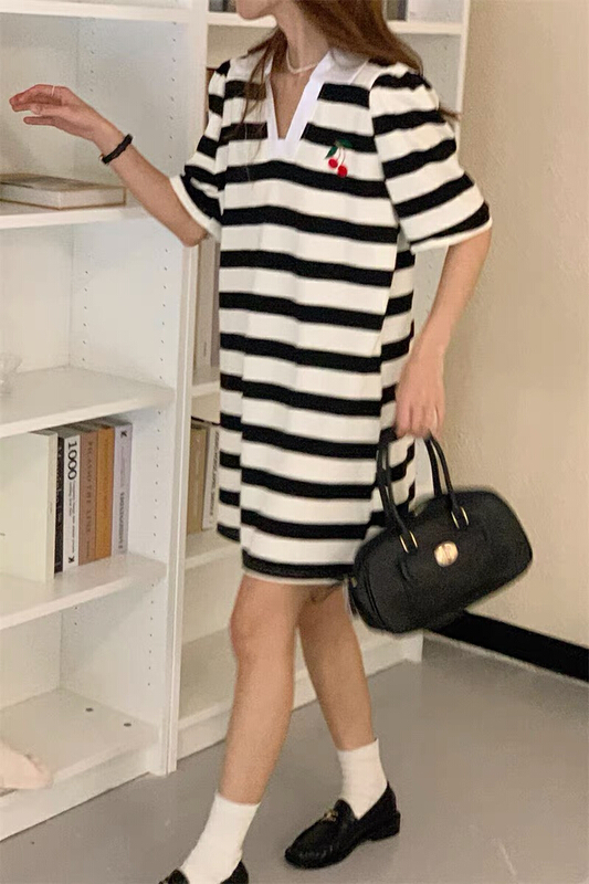 New in early summer! [blue show] Korean embroidered cherry Lapel stripe dress 8136# LSW