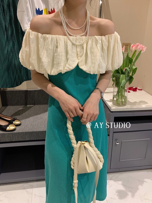 【AY STUDIO】韓版淑女撞色一字領連衣裙  66867-1#  ZXX