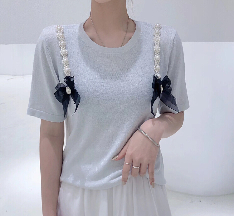 [S.J] pearl bow decorative foreign style short sleeved sweater 6835# LSW