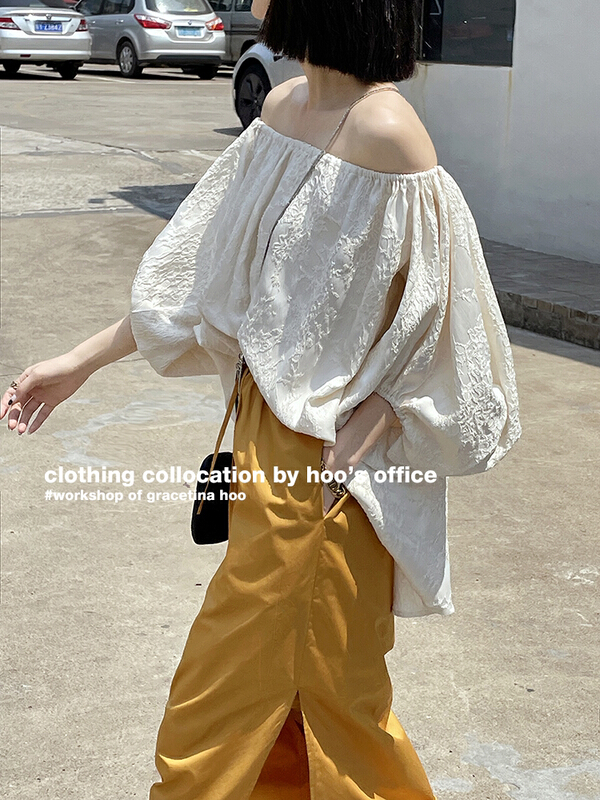 [gracetina Hoo] one shoulder design jacquard bubble sleeve blouse cs5172