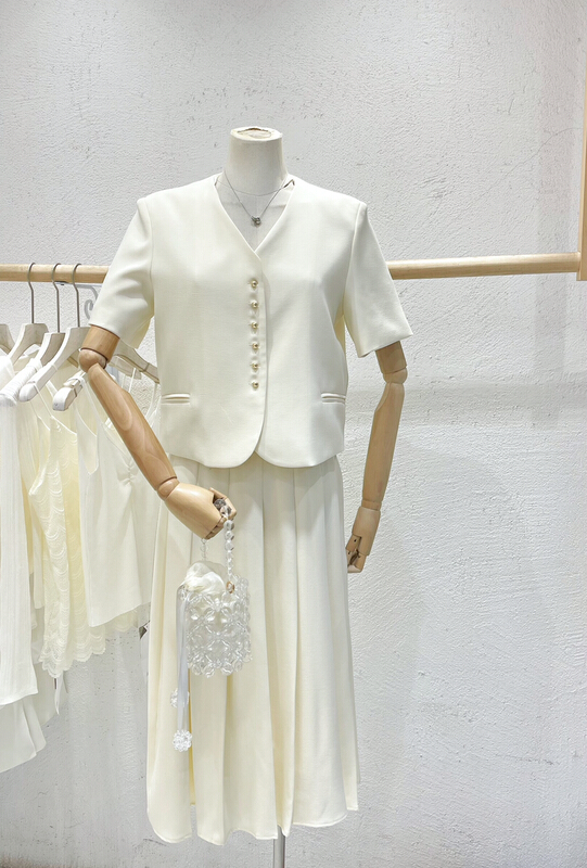 New in early summer! [JSM] big brand minimalist V-neck short sleeved suit + versatile slim high-grade medium and long skirt suit jsm-88825# LSL