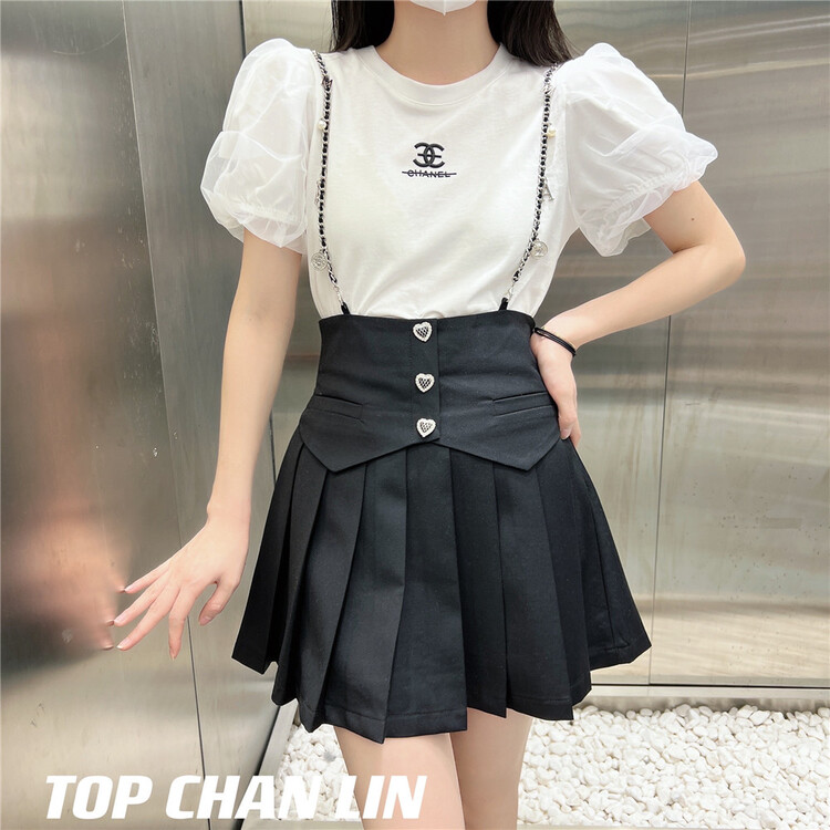 [top Chan Lin] Korean chain pleated suspender dress (excluding inner lap) 95176# cqw