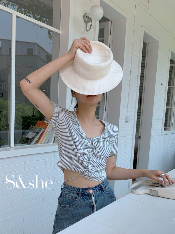 [S & she] fashionable short striped pleated blouse 1205a# XJ