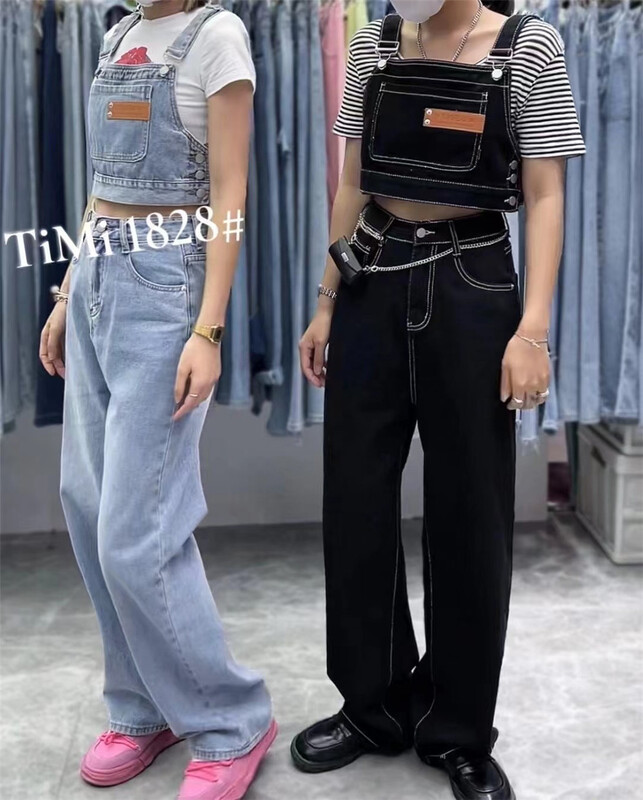 [TIMI] retro vest with label design + slim Wide Leg Jeans set (removable with decoration) ys1-1828# LSW