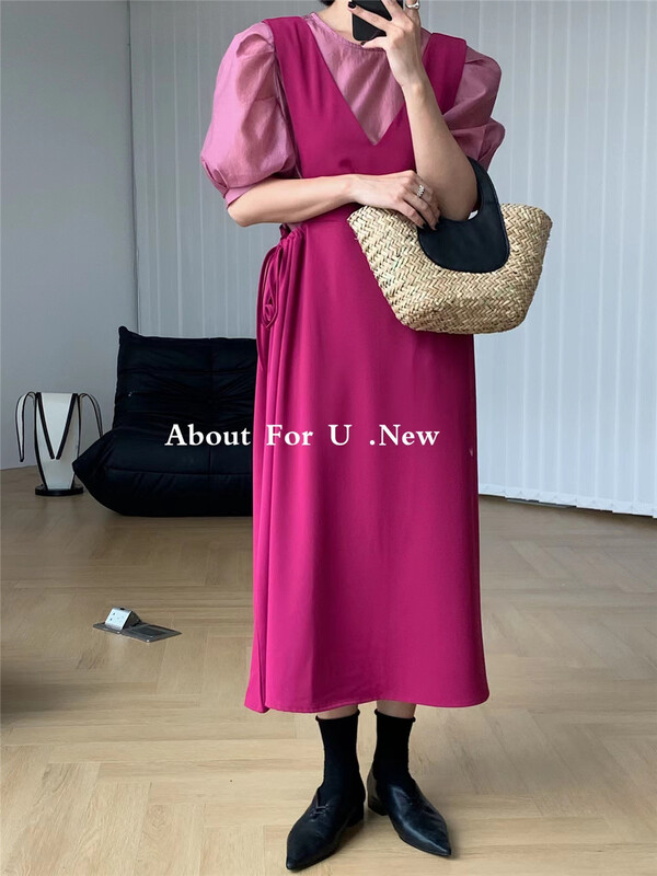 [about for u] Korean version slim and slim V-neck high-grade feeling strap skirt 66189# lwy