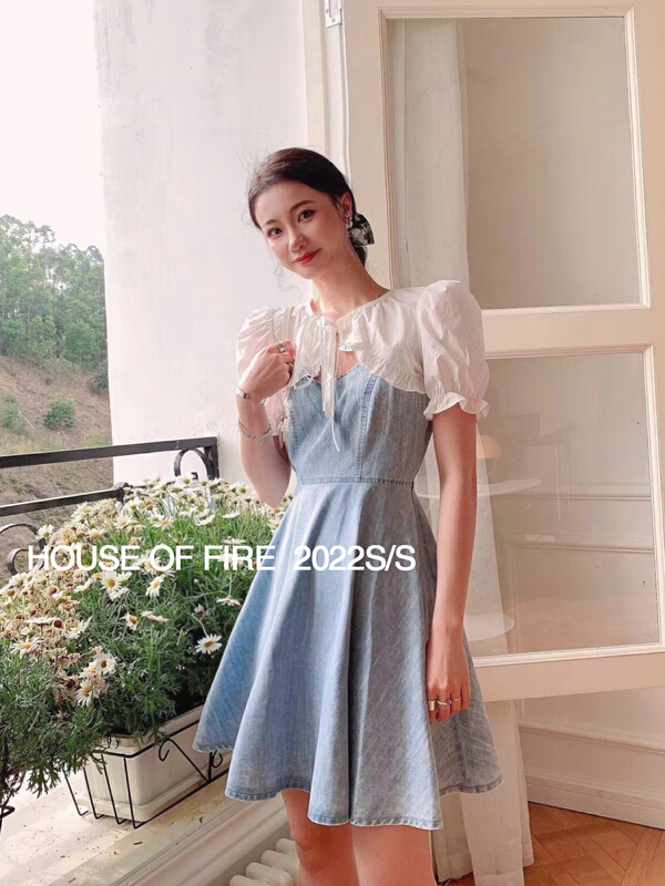 New in early summer! [huohuohuo huodres] designed shirt with jeans suspenders and versatile dress set j22065# ozq