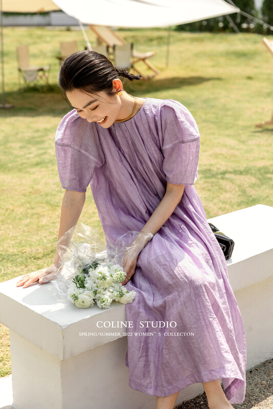 New in early summer! [Coline] little woman round neck solid dress c2119# hyy