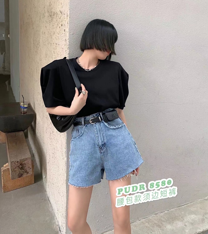 New in early summer! [pudr] Korean fashion versatile thin denim shorts (with waist bag) 8580 LAN 8580-1 black # XJ