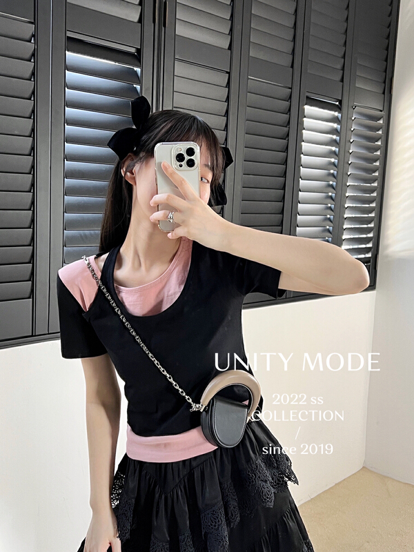 [unit] small man fake two spice girls hanging neck to show thin, niche design Short Sleeve T-shirt 8022# cqw