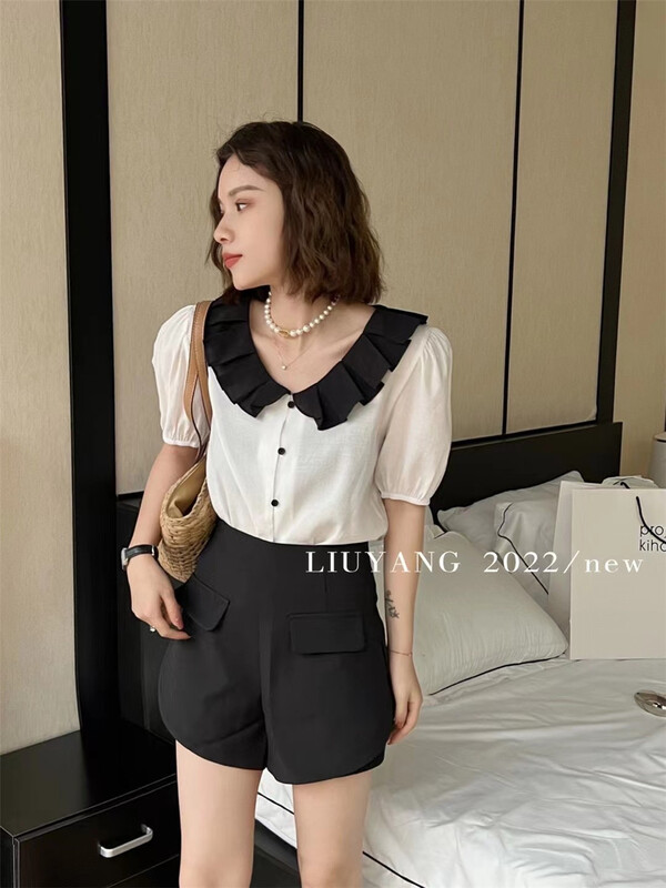 [liu-y] Korean lotus leaf necktie button blouse 16777# XJ